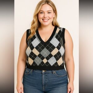 REU Womens V-neck sleeveless  argyle pattern Cropped preppy Y2K Inspired 3X